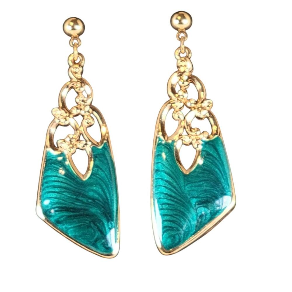Vintage Gold Green Enamel Dangle Earrings Filigree Drop Jewelry Free Gift Bag